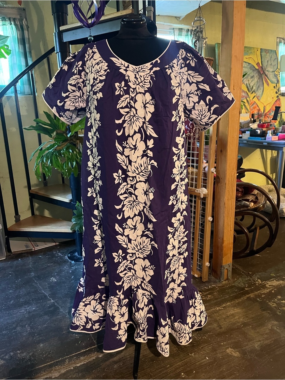Purple Floral Maxi Dress with White Hawaiian Print
